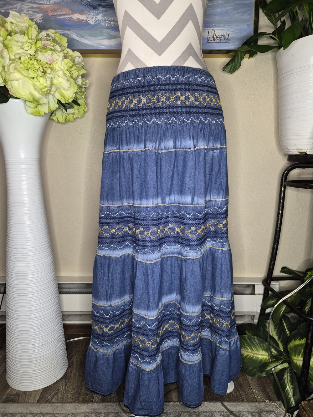 Denim-Style Blue Embroidered Tiered Maxi Skirt
